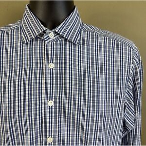 Seize Sur Vingt Men's Dress Shirt 15.5-37 Blue White Check/Plaid 100% Cotton